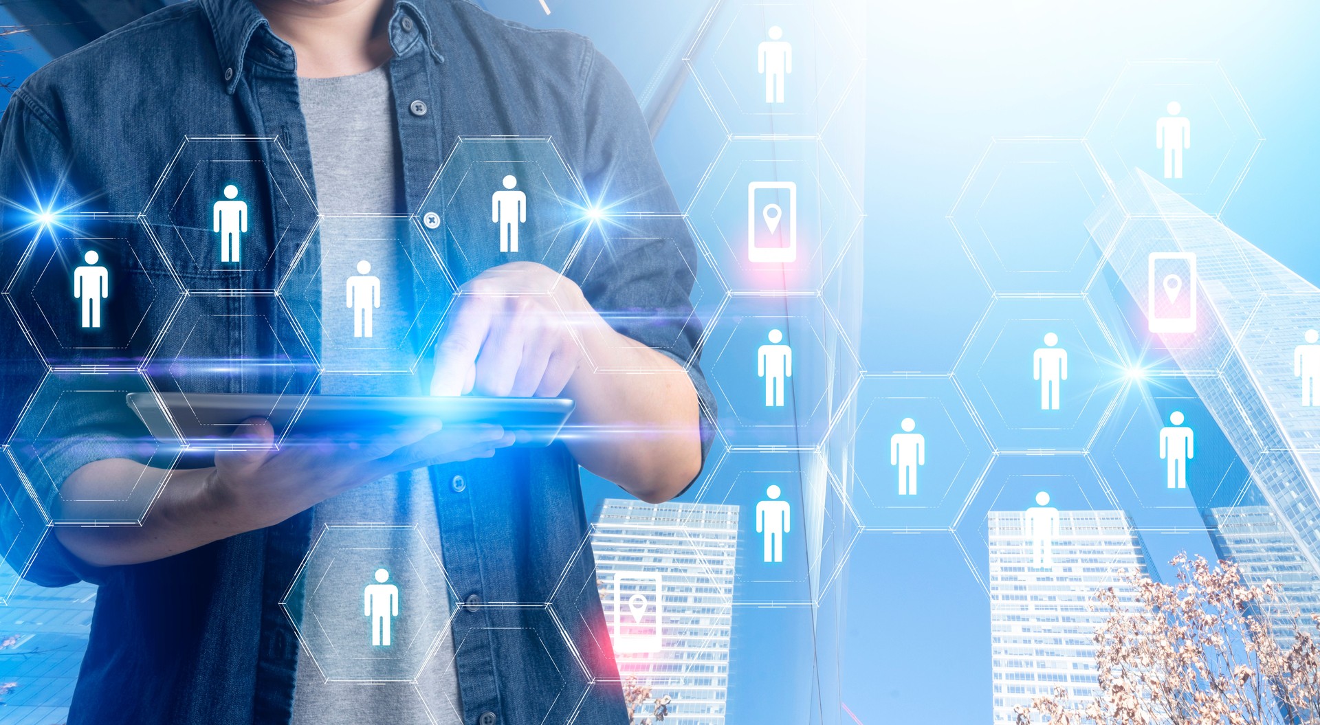Smart mobile gadget technology online video call meeting chat, social network IOT internet of thing hi-tech futuristic virtual hologram communication, online future lifestyle work from home technology